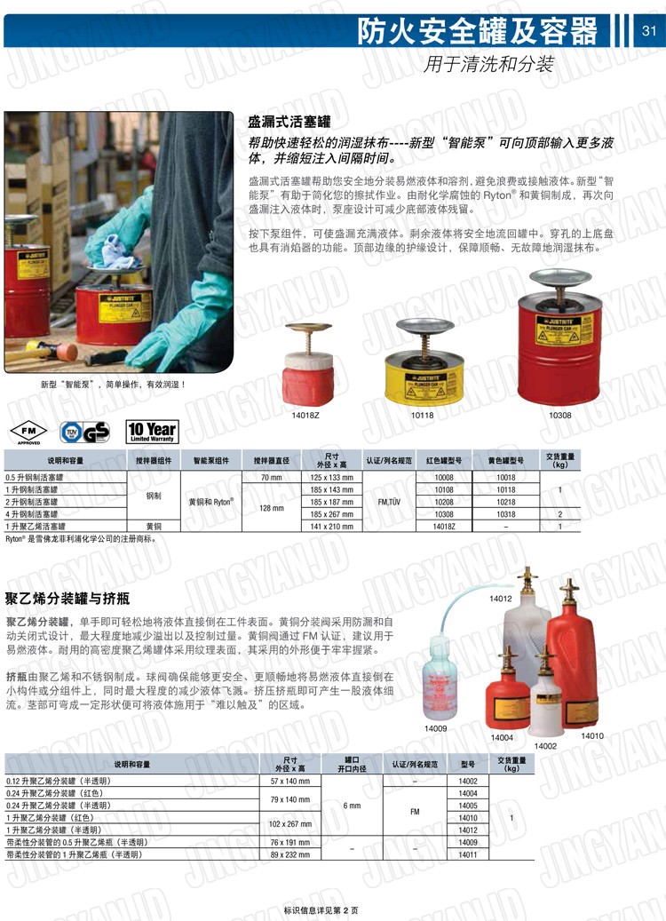 美國杰斯瑞特，JUSTRITE，活塞安全罐，盛漏式活塞罐，化學(xué)品分裝罐，